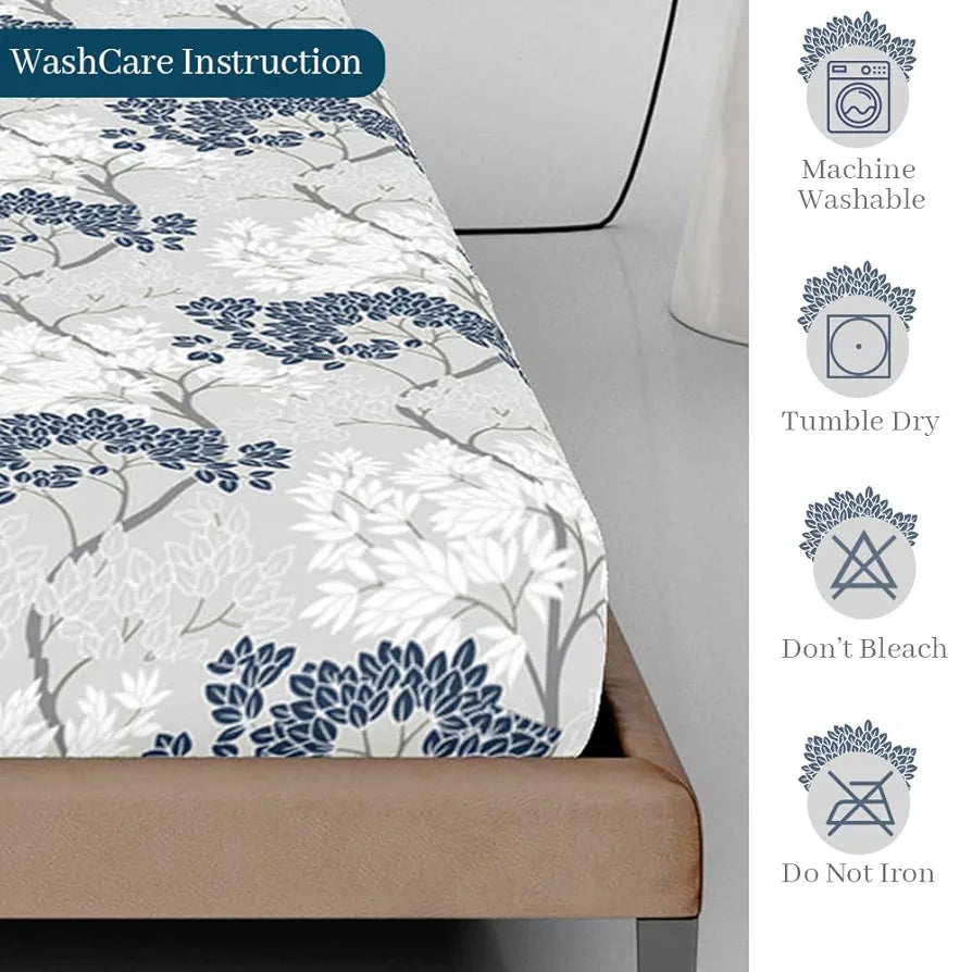 Divine Casa 144 TC 100% Cotton Floral Pattern Elastic Fitted Queen Size Bedsheet with 2 Pillow Covers Cream & Brown Print Ideal Colour Harbor Mist