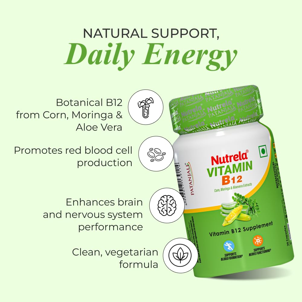 Nutrela Vitamin B12 Biofermented Plant Based Supplement for Men & Women with Moringa and Aloevera Extract - 30 Veg Capsules
