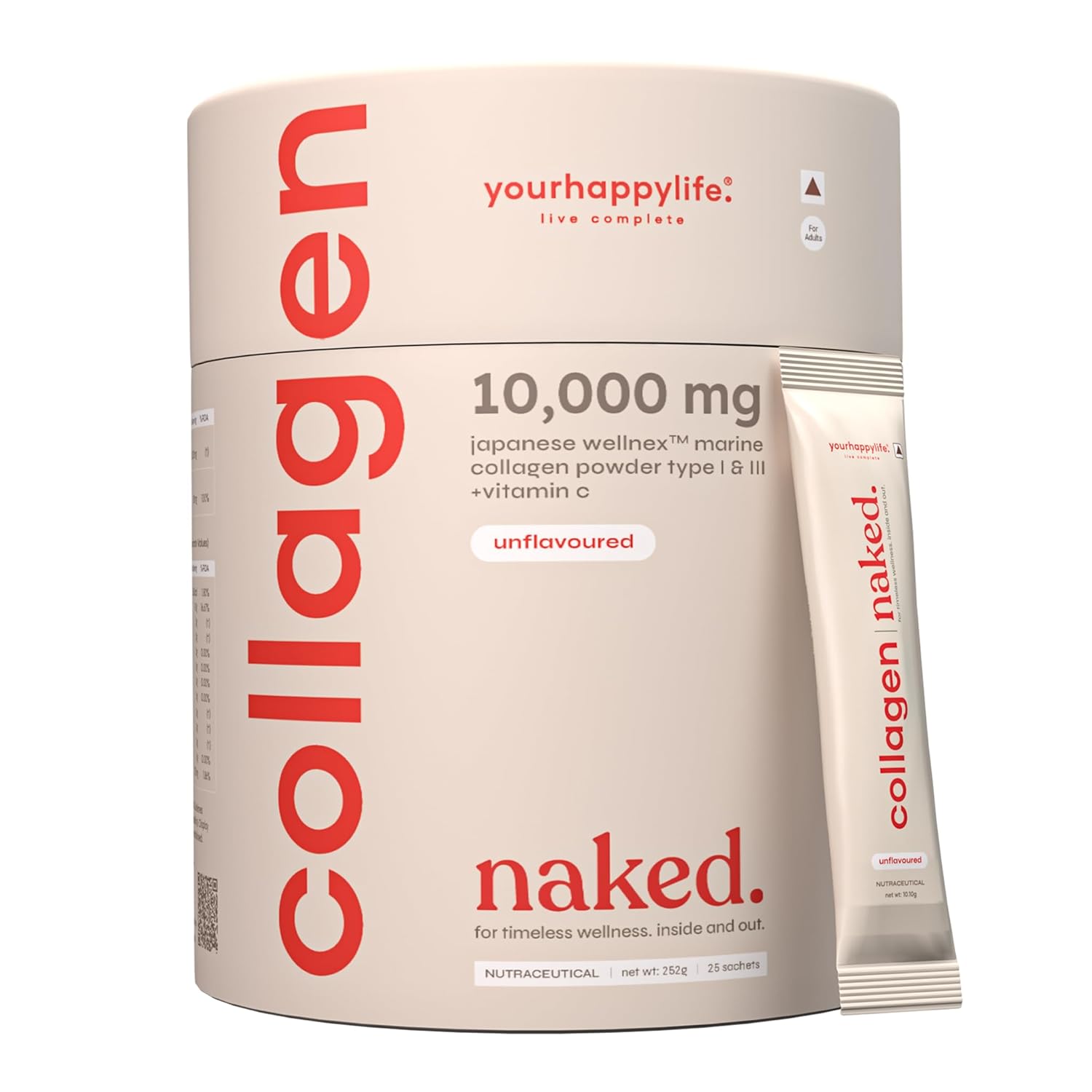 YourHappyLife Naked Japanese Marine Collagen Supplement Type 1 & 3 with Vitamin C for Men & Women|Skin, Joints, Hair & Nails|10000mg Hydrolyzed Peptides Fast Absorption|Pack of 1 (250 gm)-Unflavoured