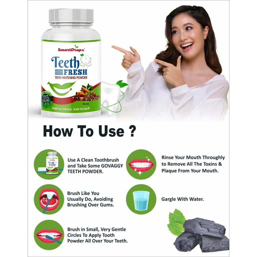Smartdrops Teeth Whitening Powder, For Shiny Polished Teeth, Improves Teeth Whiteness and Brightness, Helps Fight Plaque, Removes Stains, Freshens Breath, Natural Ingredients, 80gm