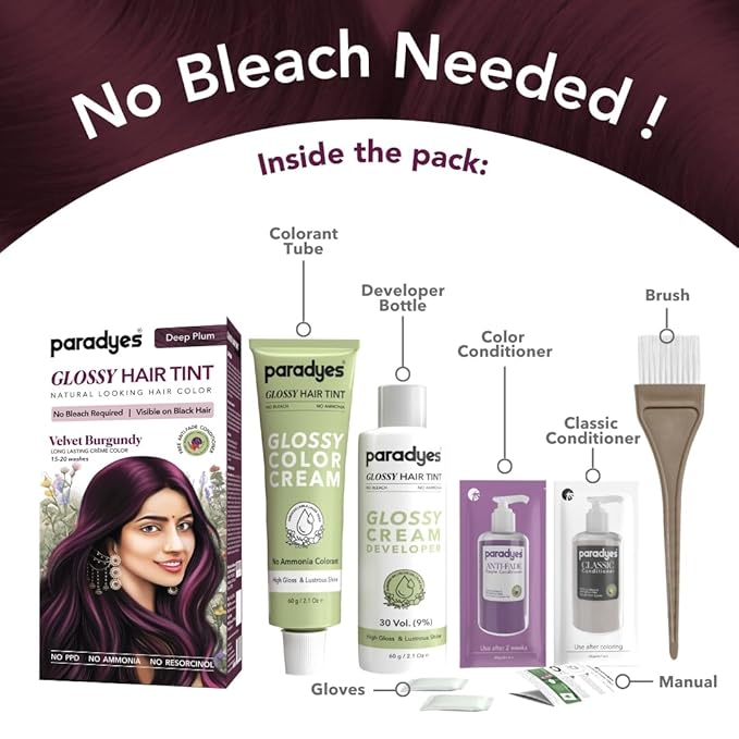 Paradyes No Bleach Velvet Burgundy Glossy Hair Tint - 160 Gms | Deep Plum Colour