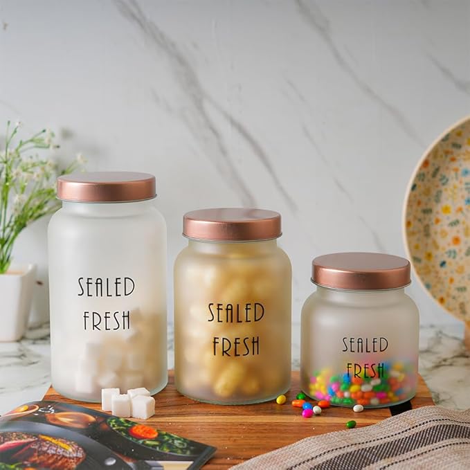 Femora Kitchen Storage Jars Frosted Glass Jar With Steel Lid Air Tight Jar | 1500 Ml | Pack of 6 | Golden Lid