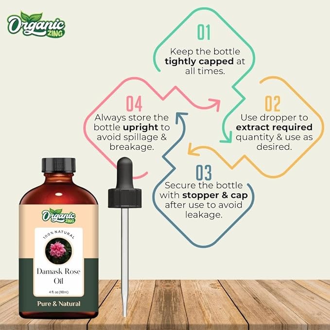 Organic Zing Damask Rose (Rosa × Damascena) Oil | Essential Oil for Skincare, Hair Care, Aroma and Diffusers - 118 Ml
