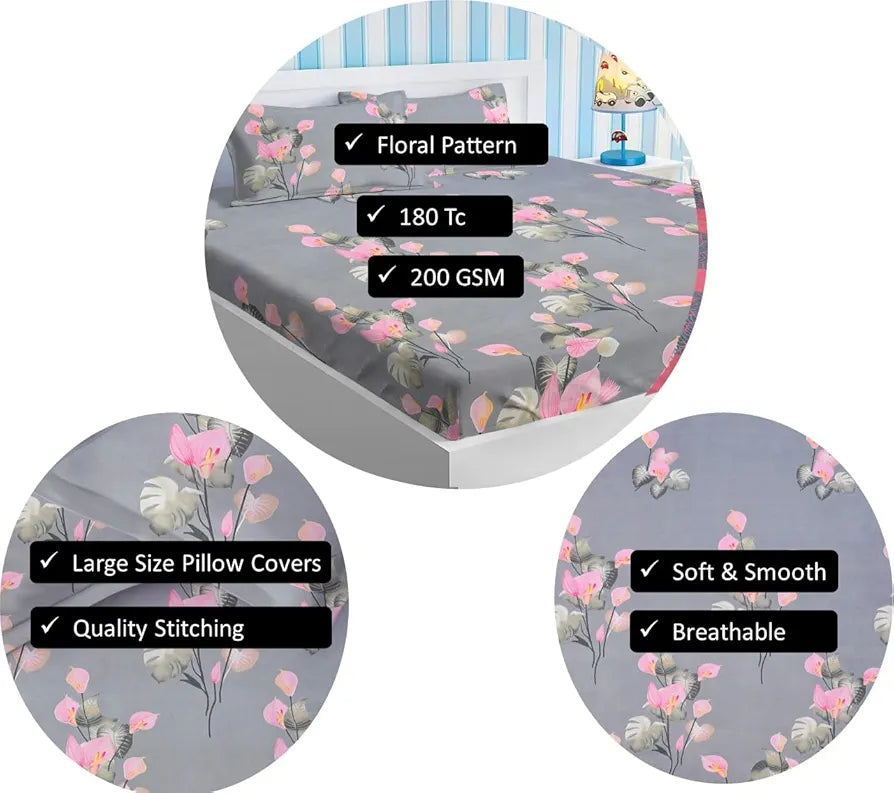 Homekart Premium Cotton Elastic Fitted Bedsheets with 2 King Size Pillow Covers Double Bed Flower Print Pink and Grey 200 tc 220 tc Pink & Grey