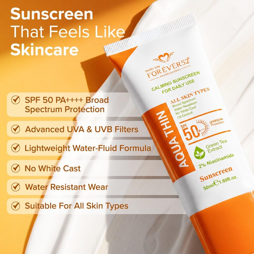 Daily Life Forever52 Aqua Thin Calming Sunscreen SPF 50 PA++++ | 2% Niacinamide & Green Tea Extract | UVA/UVB Protection | Lightweight, No White Cast, Water-Resistant Daily Sunscreen (20ml)