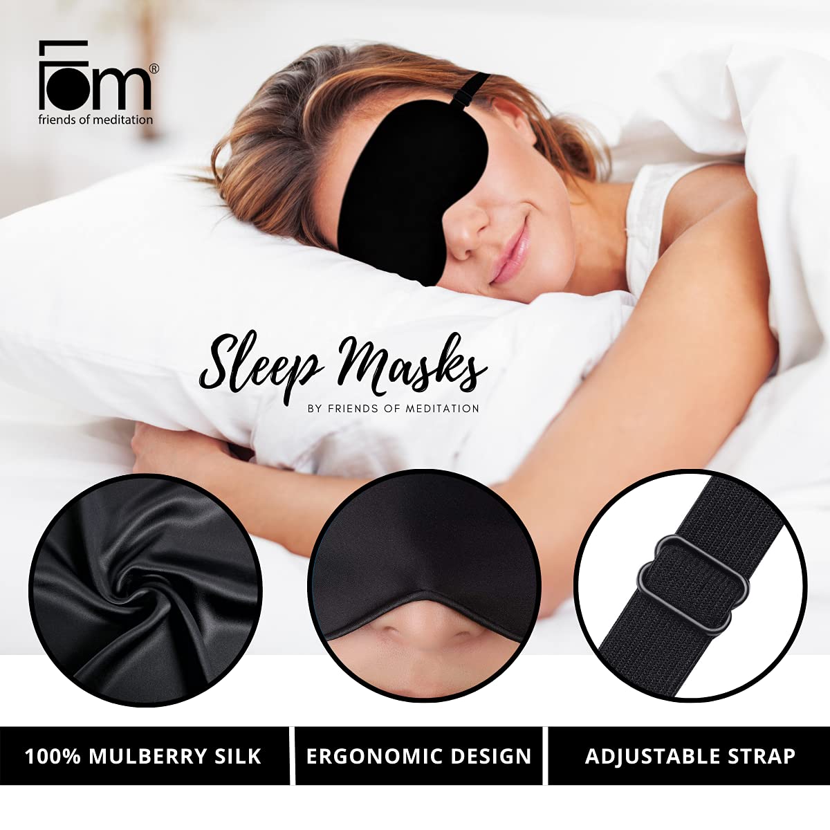 Friends of Meditation® 100% Mulberry Silk Sleep Mask – Pure Silk Eye Mask for Sleeping, Super Smooth Blackout Blindfold, Soft Adjustable Strap, Luxury Eye Cover for Travel, Meditation (Black)