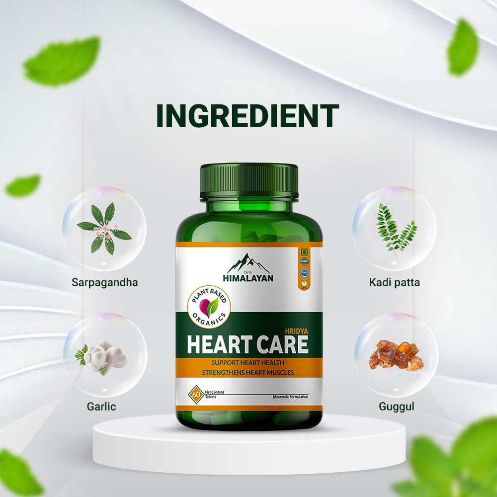 Divya Himalayan Plant-Based Heart Care Supplement, 60 Tablets, Cardiovascular Health, Cholesterol Support, CoQ10, Non-GMO, Vegan, 1 count, 60 capsules
