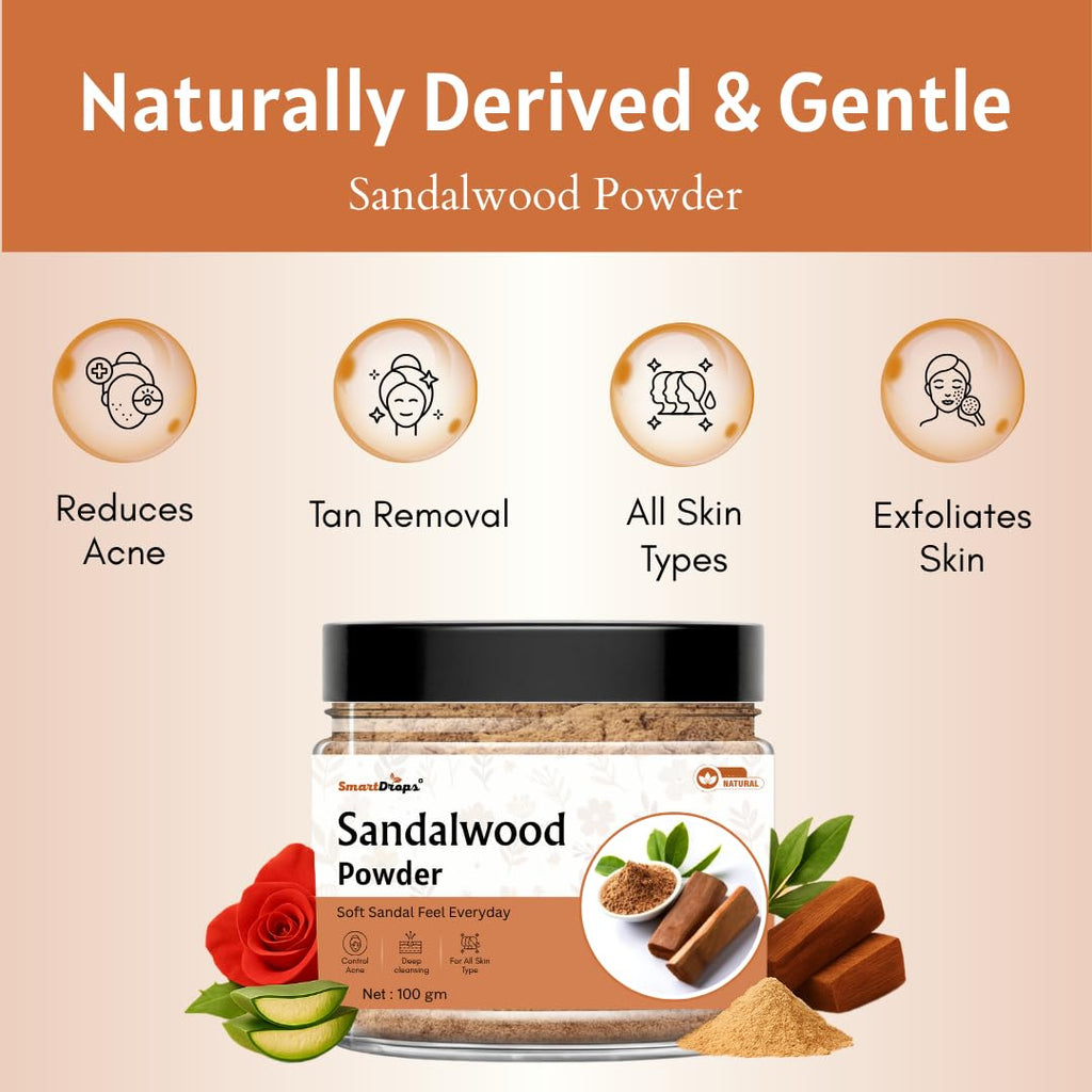 Smartdrops Sandalwood Powder for Face Pack | Sandal wood Powder | sandal Wooden powder | Chandan Powder For Tan Removal | Red sandalwood powder for Face | Sandalwood Powder for Puja - 100g (Pack 1)