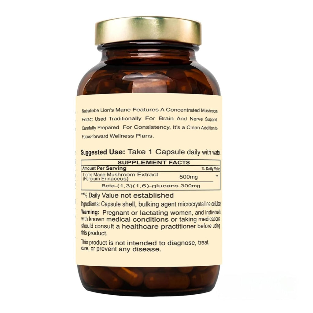 Nutraliebe Lion’s Mane Mushroom Extract 500 mg – Hericium erinaceus Standardized to Beta (1,3)(1,6)-Glucans | Brain Health, Memory & Focus Support | Nerve Growth Factor (NGF) Booster | 90 Vegetarian Capsules | Non-GMO, Gluten-Free