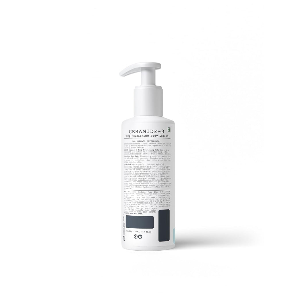 Dermacy Ceramide 3 Deep Nourishing Body Lotion | Helps Control Dryness Up To 24 Hours and Prevents Dryness | 3 Essential Ceramides + 100% Pure Glycerine + ThermoActiv Spring Water | Suitable For Sensitive Skin | For Women and Men | 200ml