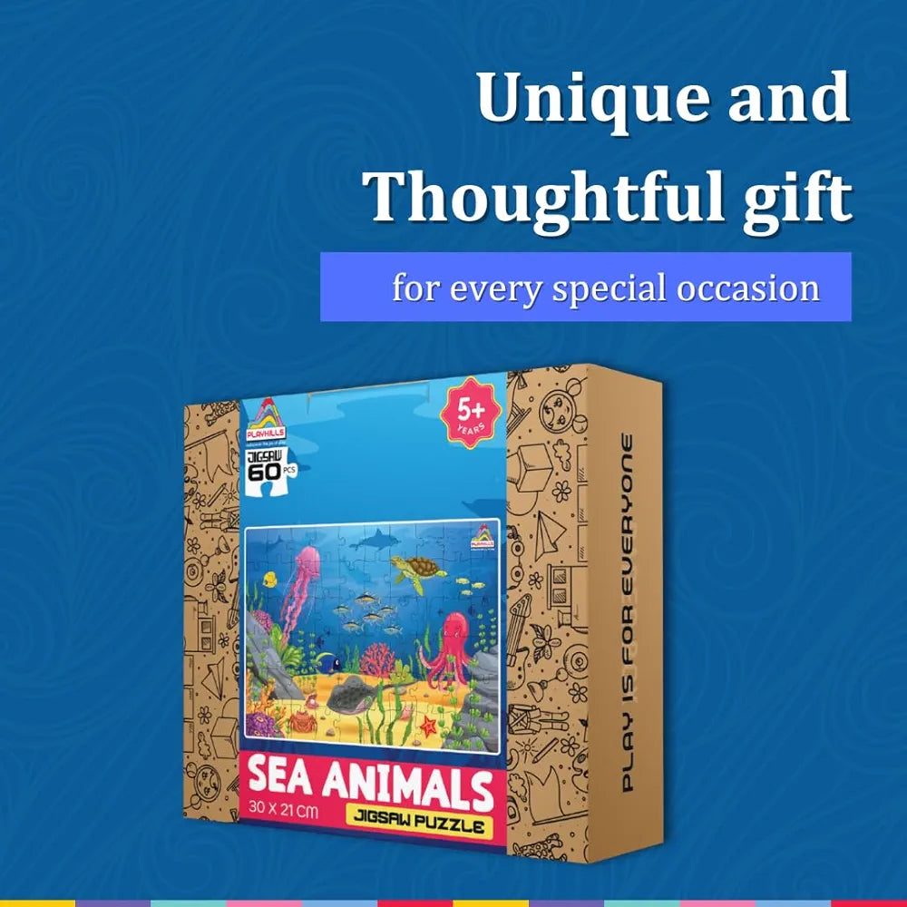 Playhills Wooden Puzzle Sea Animals Beautiful Ocean Life 60 Puzzle Pieces, Ideal Holiday/Birthday Gift for Kids 3,4,5,6,7 Years