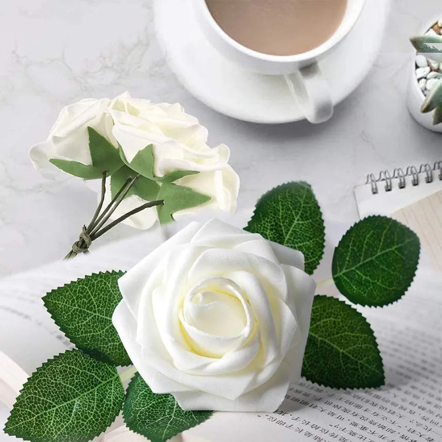 Artificial Flowers Cream Fake Roses Real Looking Foam Roses Flowers w/Stem Cream