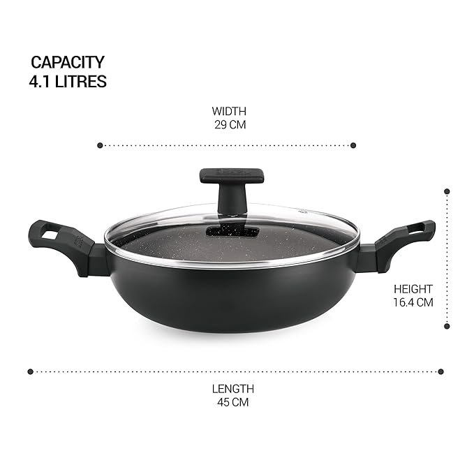 Milton Pro Cook Granito Induction Kadhai With Glass Lid, 28 Cm / 4.1 Litre, Black - 1820 gms