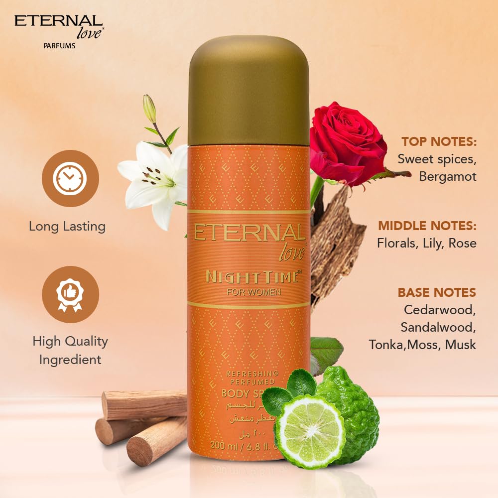 Eternal Love Nighttime - Body Spray for Women | Delicate Floral & Seductive Musk Notes | Fresh, Elegant & Magnetic Scent | Aldehydes, Jasmine & Balsam | Long-Lasting Perfume | Gift for Her | 200 ml
