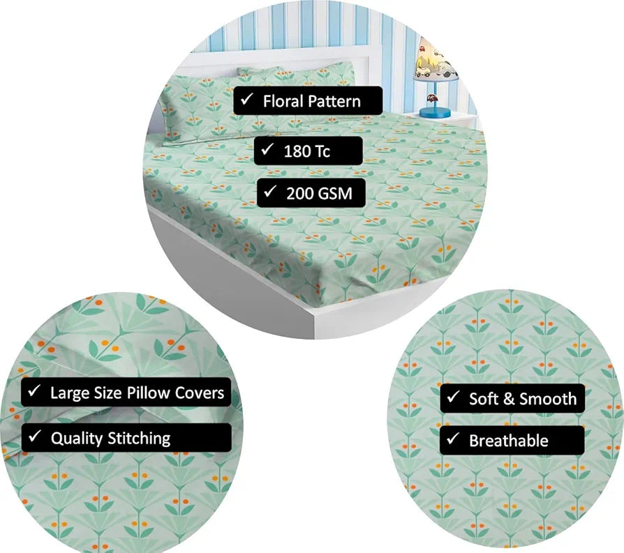 Homekart Premium Cotton Elastic Fitted Bedsheets with 2 King Size Pillow Covers Double Bed Flower Print Light Green Orange 200 tc - 220 tc