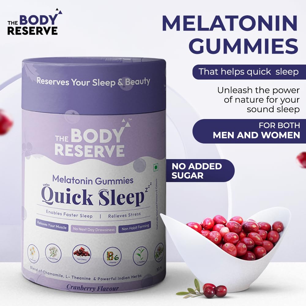 The Body Reserve Quick Sleep Melatonin Gummies For Natural Sleep Aid For Muscle Recovery,Nerve Relaxation & Relieves Stress Vegan,Gluten-Free,Non-Addictive Cranberry Flavours,30 Gummies,No Added Sugar