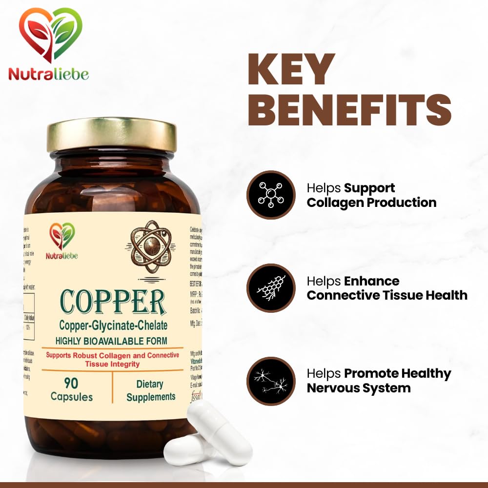 Nutraliebe Copper Glycinate Chelate - High Bioavailability, Supports Collagen Formation and Connective Tissue Health, 90 Capsules