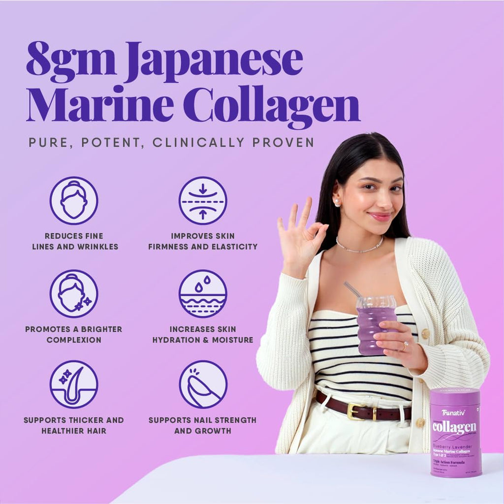 Trunativ Collagen Supplements | Advanced Japanese Marine Collagen Powder for Women & Men | Type 1 and 3 Hydrolyzed Peptides | Supplement with Hyaluronic Acid | Supports Skin Glow, Hair Growth, and Nail Strength | Blueberry Lavender | 60g (Pack of 1)