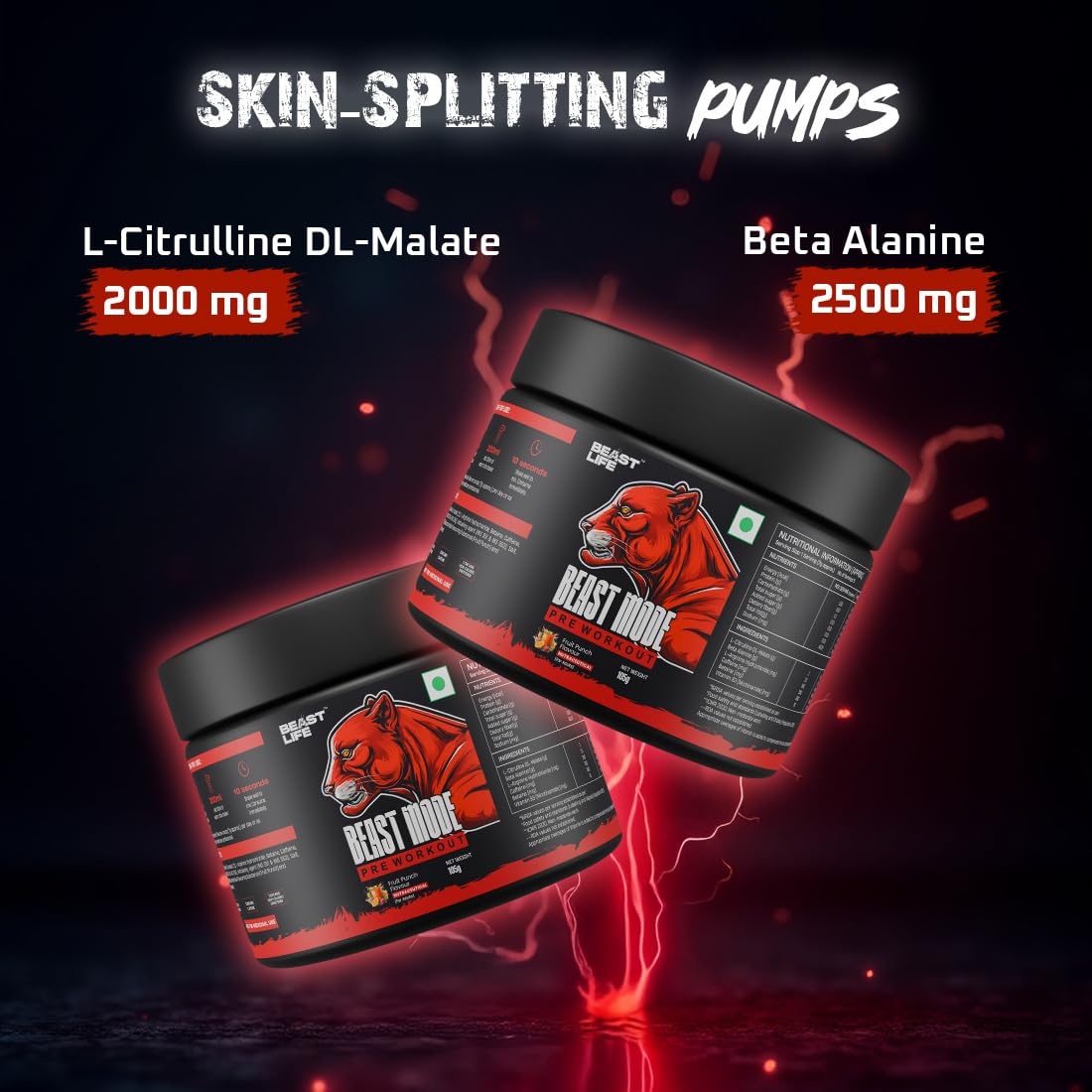 Beastlife Pre-Workout | 105 gm | Fruit Punch Flavor | Boosts Pump & Energy | Speeds Up Recovery | 2000 mg Citrulline | 2500 mg Beta-Alanine | 200 mg Caffeine | 500 mg Betaine