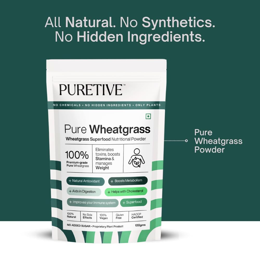 Puretive Wheatgrass Powder | For Energy, Detox, Immunity Booster, Skin Health | 100% PURE, Non-GMO, Vegan Detox Powder | Superfood for Everday use | Just Mix & Sip | 100gms