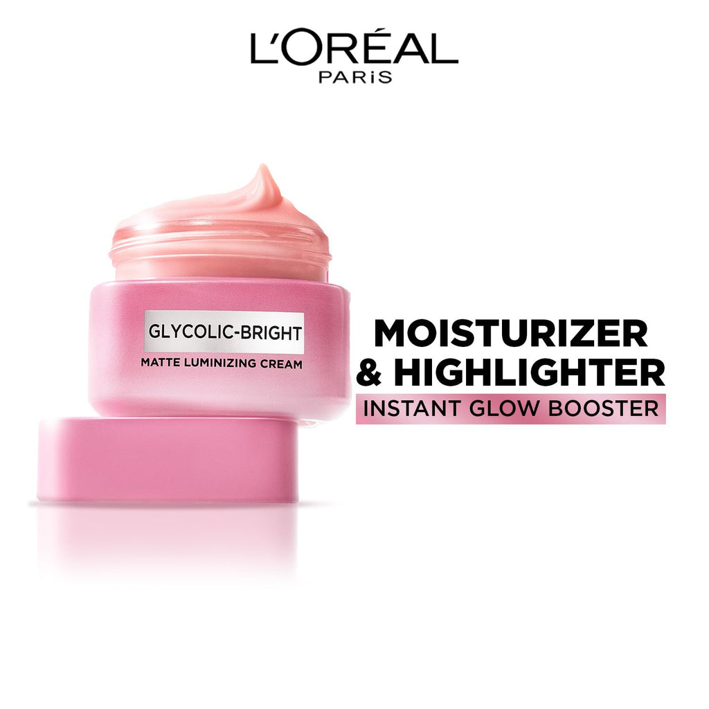 L'Oréal Paris Glycolic Bright Matte Luminizing Cream, 50ml | Instant glow booster | Fades dark spots | Highlighter in moisturzier | Strobe Cream