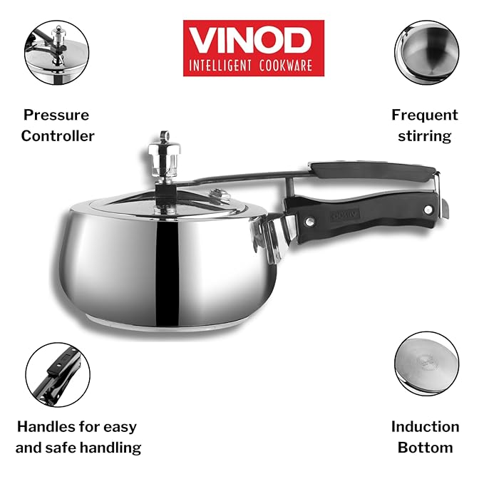 Vinod Europa Stainless Steel Inner Lid Pressure Cooker - 2 Litre | Handi Shape | Sandwich Bottom Cooker