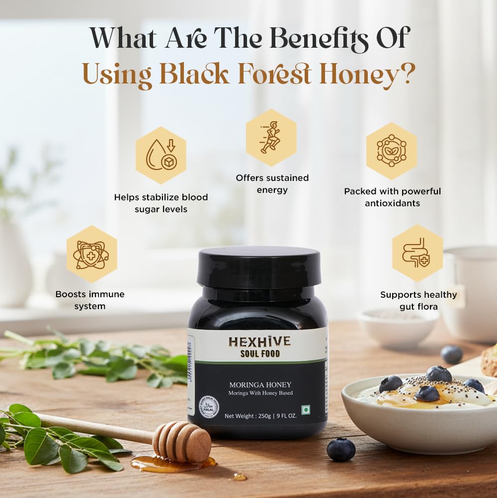 Hexhive Moringa Honey | Ayurvedic Wellness Superfood | Organic Honey with Moringa Extracts | Rich in Vitamins & Antioxidants | Natural Immunity & Detox Support | No Added Sugar | 250g