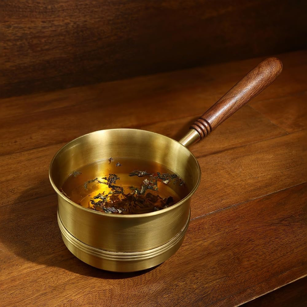 Ellementry Arra Brass Tea Pan 750ml with Wooden Handle Induction Sauce Pan Chai Milk Pot