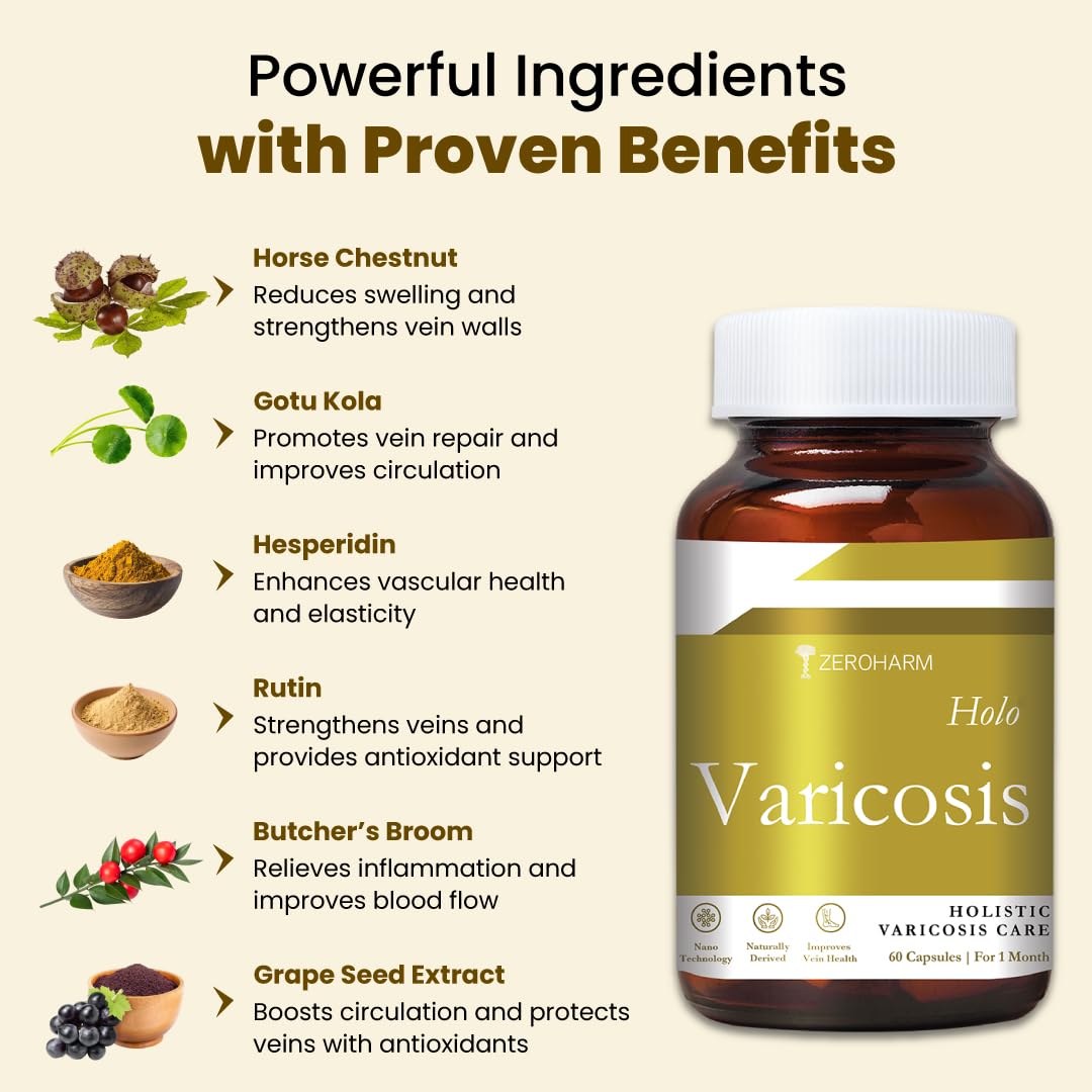ZEROHARM Holo Varicosis With Horse Chestnut, Gotu Kola, Hesperidin, Rutin, Butcherâ€™s Broom & Grape Seed Extract | Reduce Varicose Veins, Boost Circulation and Leg Comfort | For Men and Women | 60 Nano Capsules