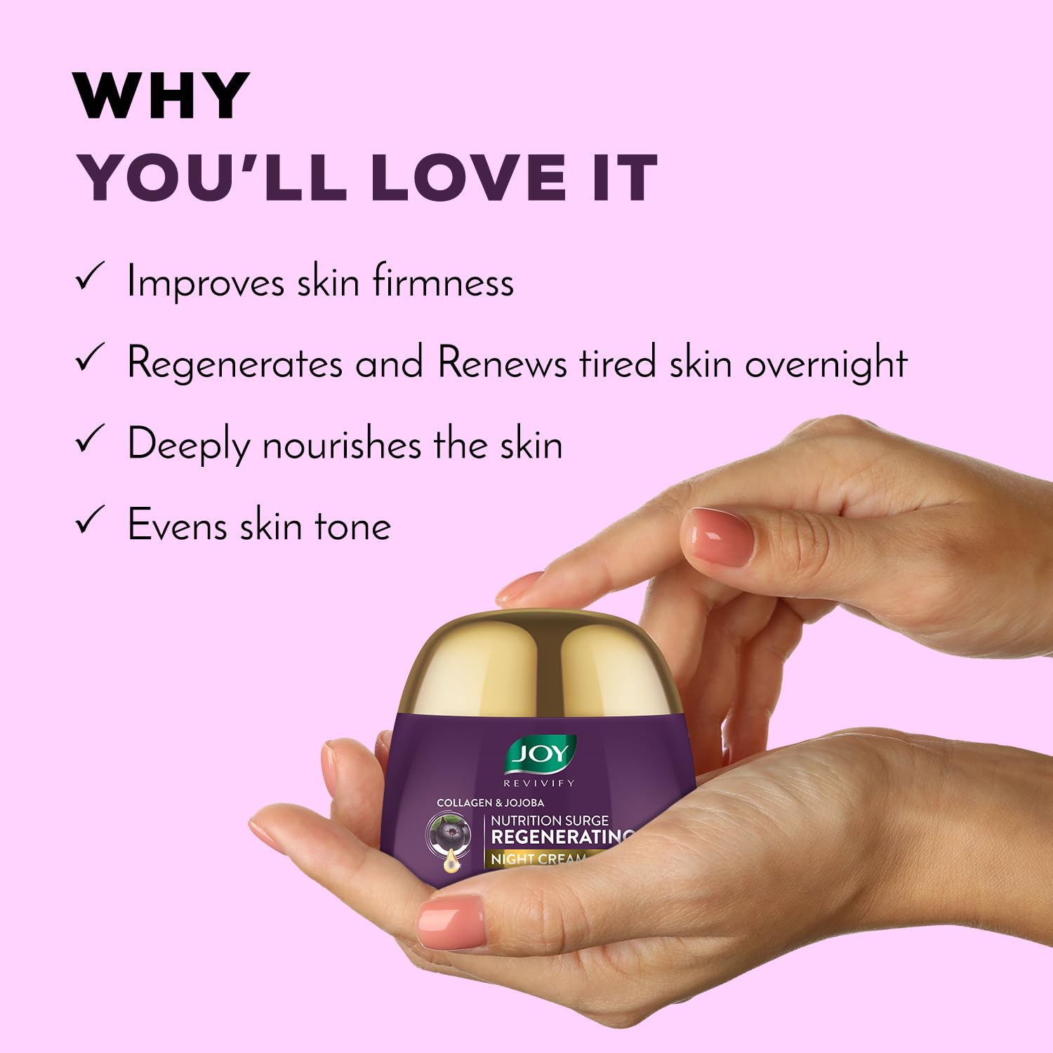 Joy Night Cream with Collagen, Jojoba, Shea Butter & Gotu Kola For Overnight Skin Repair | Ultra Light & Non Greasy Face Cream for Renewing Tired Skin & Prevent Premature Ageing 50ml