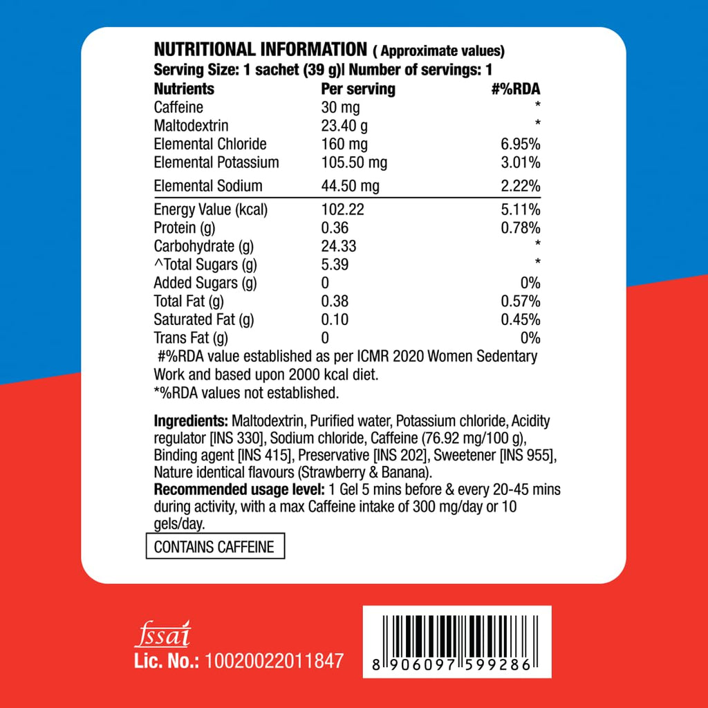 Fast&Up Energy Gel- Strawberry Banana flavour (Caffeinated) - Pack of 6 Gel Sachets, 39g per sachet- For Instant energy boost, Improved endurance and performance