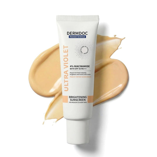 DERMDOC SPF 50 Ultra Violet Brightening Tinted Sunscreen with 4% Niacinamide, 50 gm | PA +++ | With Peach Tint | Lightweight | UVA & UVB Protection | For Medium To Dusky Skin | Improves Skin Texture | Breathable & Weightless Finish