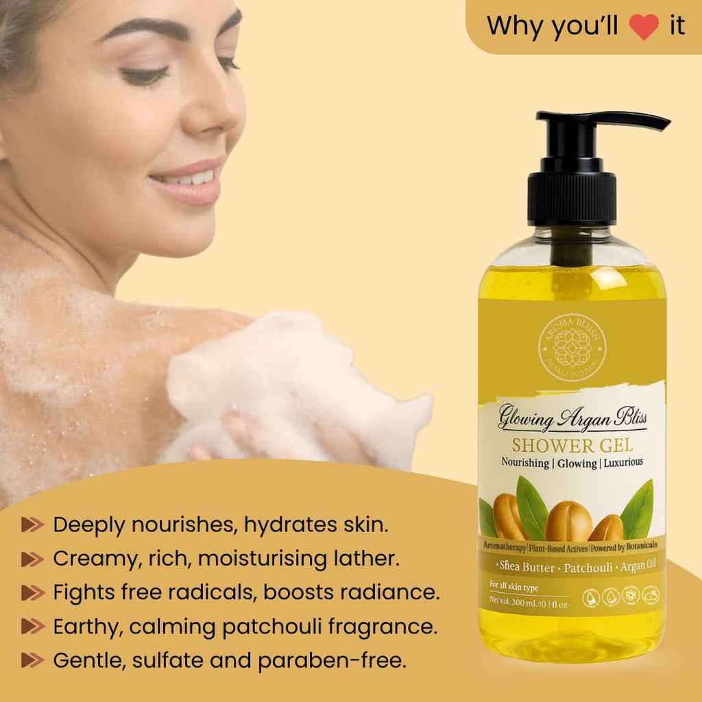 Aromablush - Glowing Argan Bliss Shower Gel | Shea Butter, Argan Oil, Patchouli, Vitamin E | Deep Moisturizing, Anti-Aging | Sulfate-Free, Paraben-Free | Rich Lather, Earthy Fragrance | 300ml