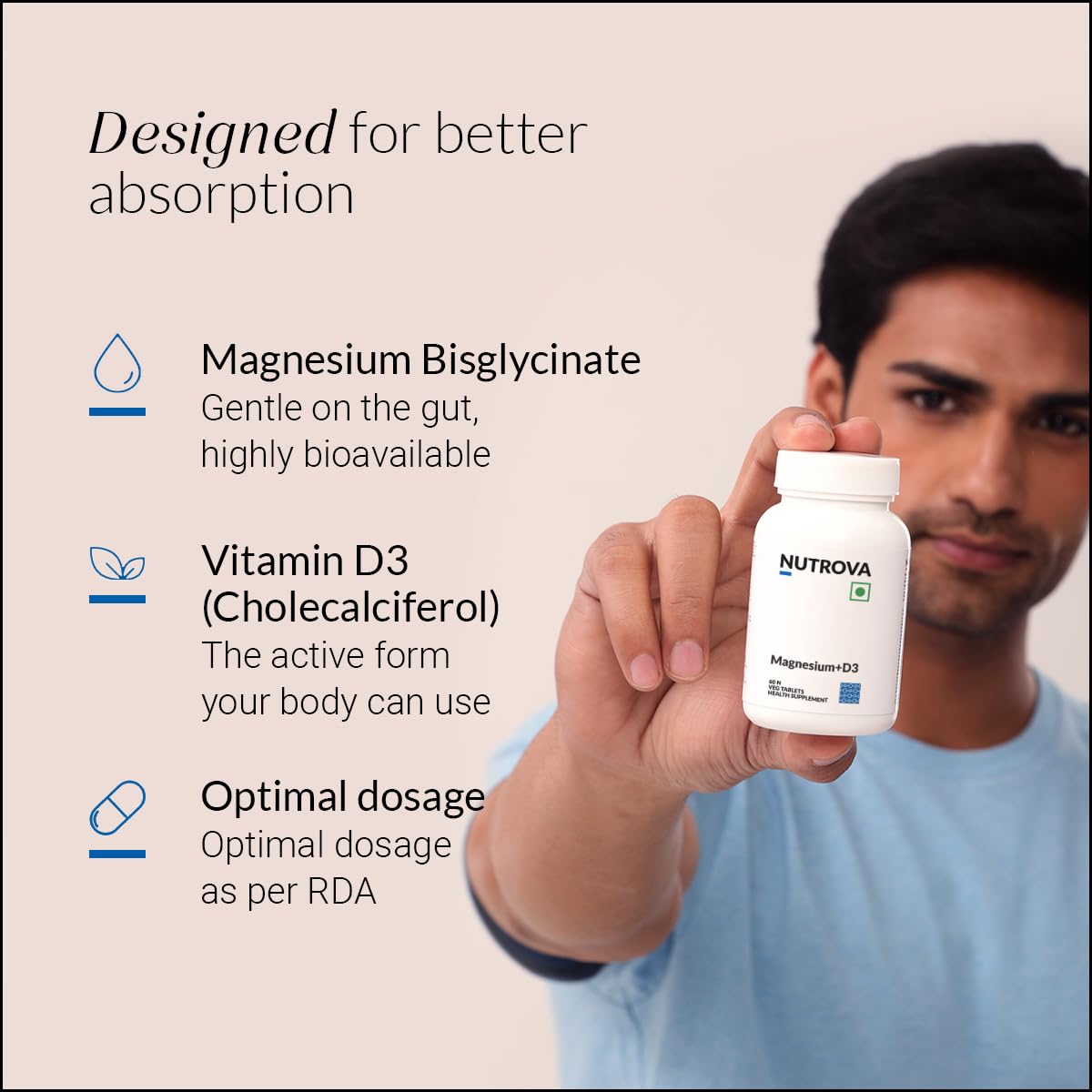 Nutrova Magnesium+D3 | With Magnesium Bisglycinate & Vitamin D3 | Supports Better Sleep, Mood, Energy & Muscle Recovery | High Absorption Formula | Gentle on Stomach | 60 Veg Tablets