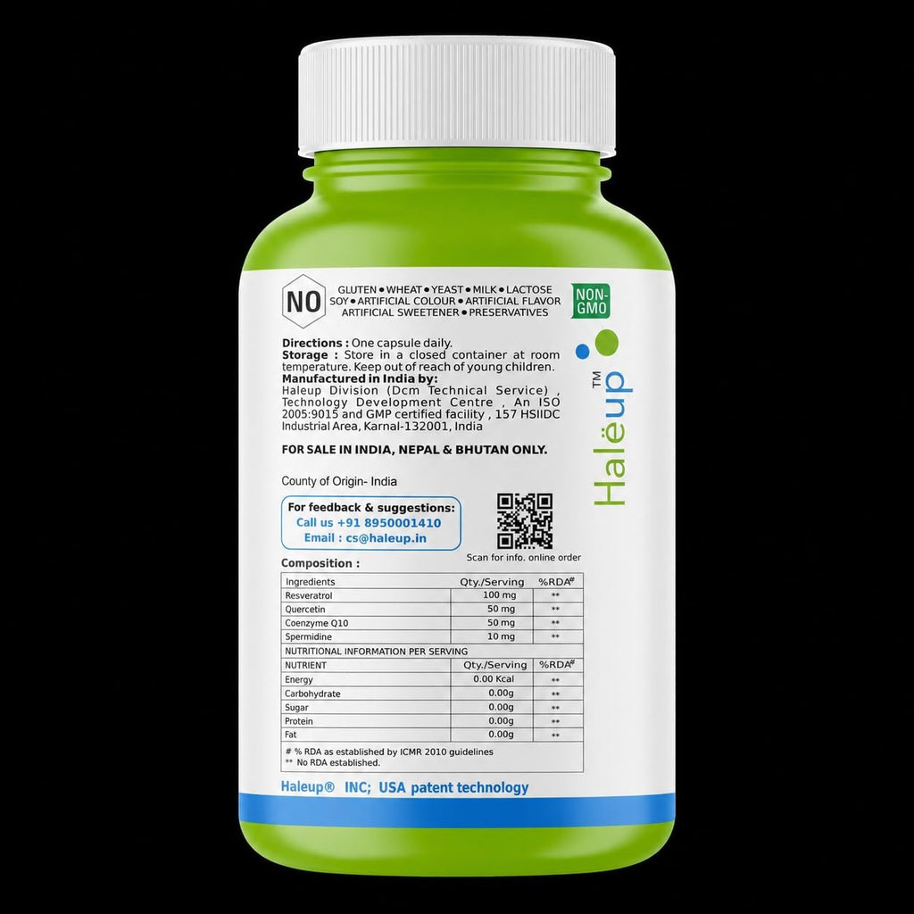 Haleup 99% Spermidine Trihydrochloride with Resveratrol| For Healthy Ageing | Autophagy| Cell Renewal | Immunity| Skin and Hair | Cognitive Support (1 pack X 60s count)