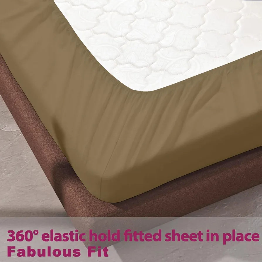Trance Home Linen 100% Cotton 78x60 inch Queen Elastic Fitted Bedsheet 400TC Premium Queen Double Bed Size Plain with 2 Pillow Covers Colour Brown Grey