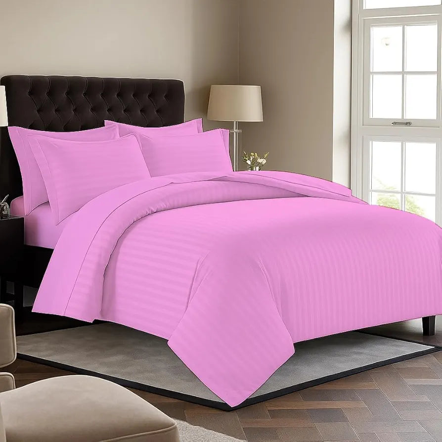 Trance Home Linen Zippered 100% Cotton 200TC Satin Stripe King Size Duvet Cover Quilt Cover Blanket Cover Razai Comforter Cover with 2 Pillow Covers Colour Light Pink