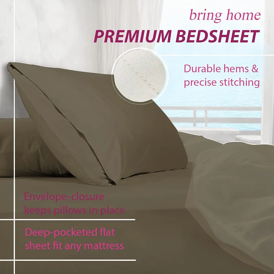 Trance Home Linen Premium 300 TC Pure 100% Cotton King Fitted Bedsheet with 2 Pillow Solid Covers Colour Mocha