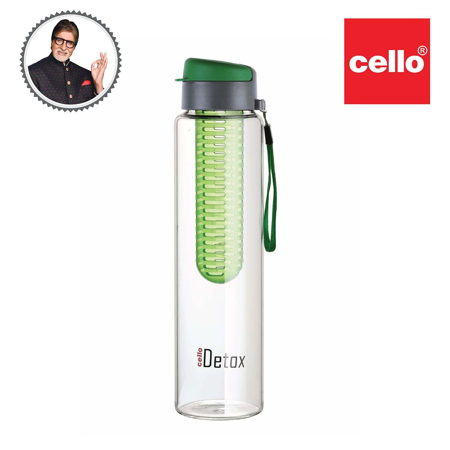 Cello Detox Fruit & Tea Infuser Glass Water Bottle| Wide Cap Sealed With Flip Top - 750 ml