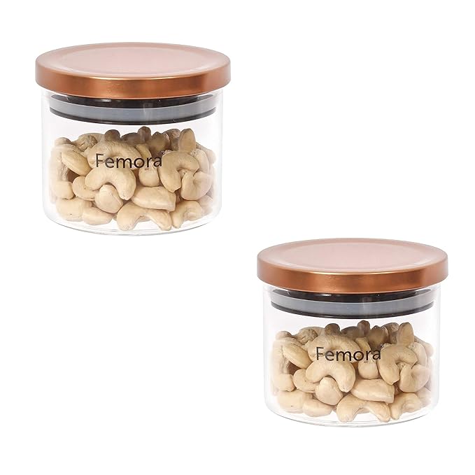 Femora Borosilicate Glass Jar With Golden Metallic Lid | Jars for Kitchen Storage | 300 Ml | Set of 2