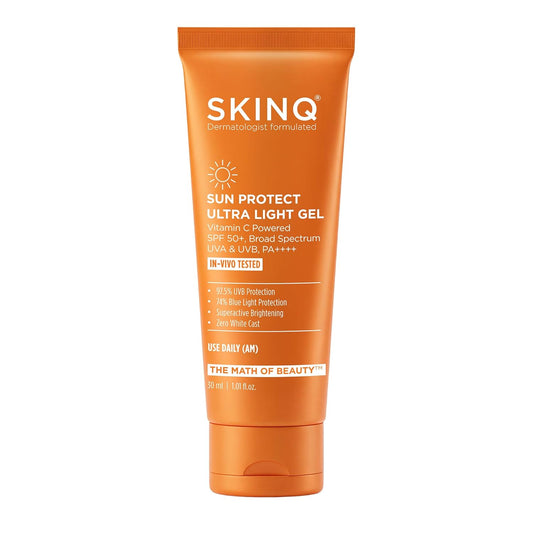 SKINQ Sun Protect Ultra Light Gel Sunscreen SPF 50+ PA++++ with Vitamin C | In-Vivo Tested | Zero White Cast | Lightweight, Non-Greasy | For Dry & Sensitive Skin | Dermat Formulated | 30ml