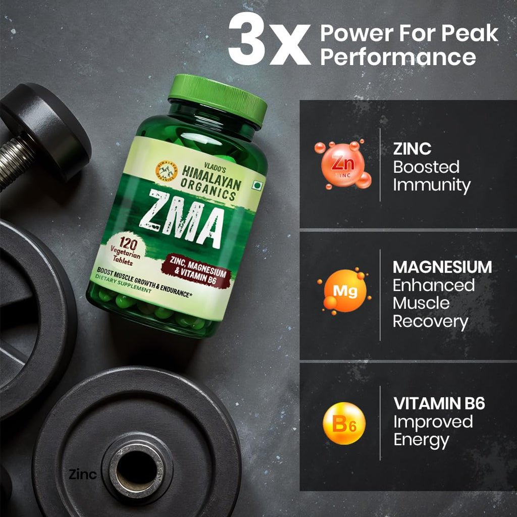Vlado’s Himalayan Organics ZMA (Zinc Magnesium Aspartate ) Zinc Supplement For Men And Women - Zinc Tablets and Magnesium Supplements with Vitamin B6 - Support Muscle Recovery and Sleep Quality I Sports Recovery - 120 Veg Tablets