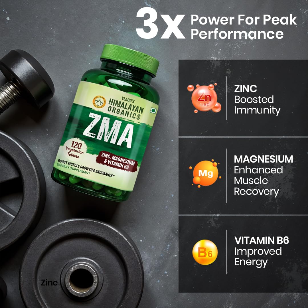 Vlado’s Himalayan Organics ZMA (Zinc Magnesium Aspartate ) Zinc Supplement For Men And Women - Zinc Tablets and Magnesium Supplements with Vitamin B6 - Support Muscle Recovery and Sleep Quality I Sports Recovery - 120 Veg Tablets