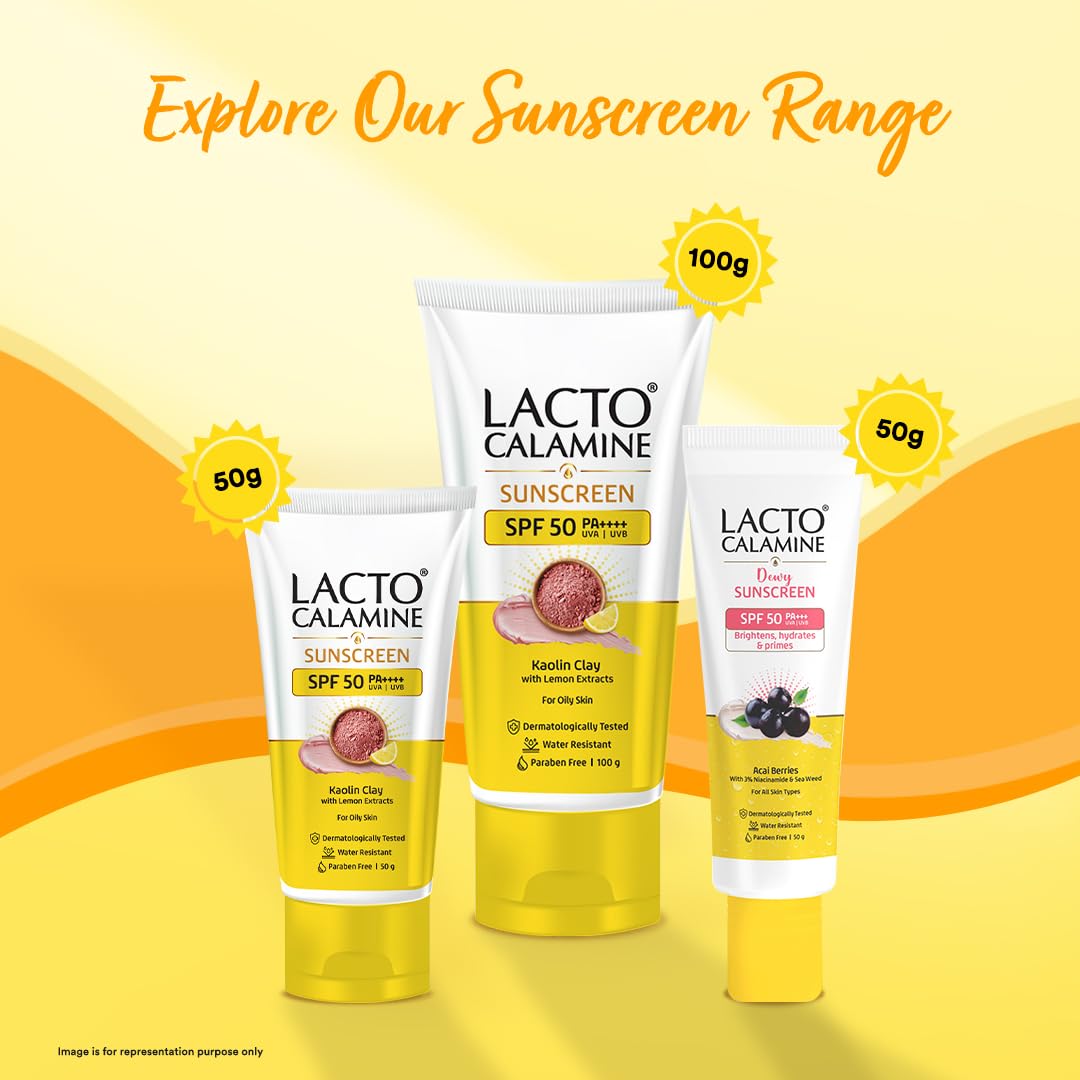 Lacto Calamine Sunscreen SPF 50 | 50g | PA ++++ For Oily Skin | UVA â€“ UVB | Water Resistant & No White Cast | With Kaolin Clay, Vitamin E & Lemon Extracts | Paraben Free