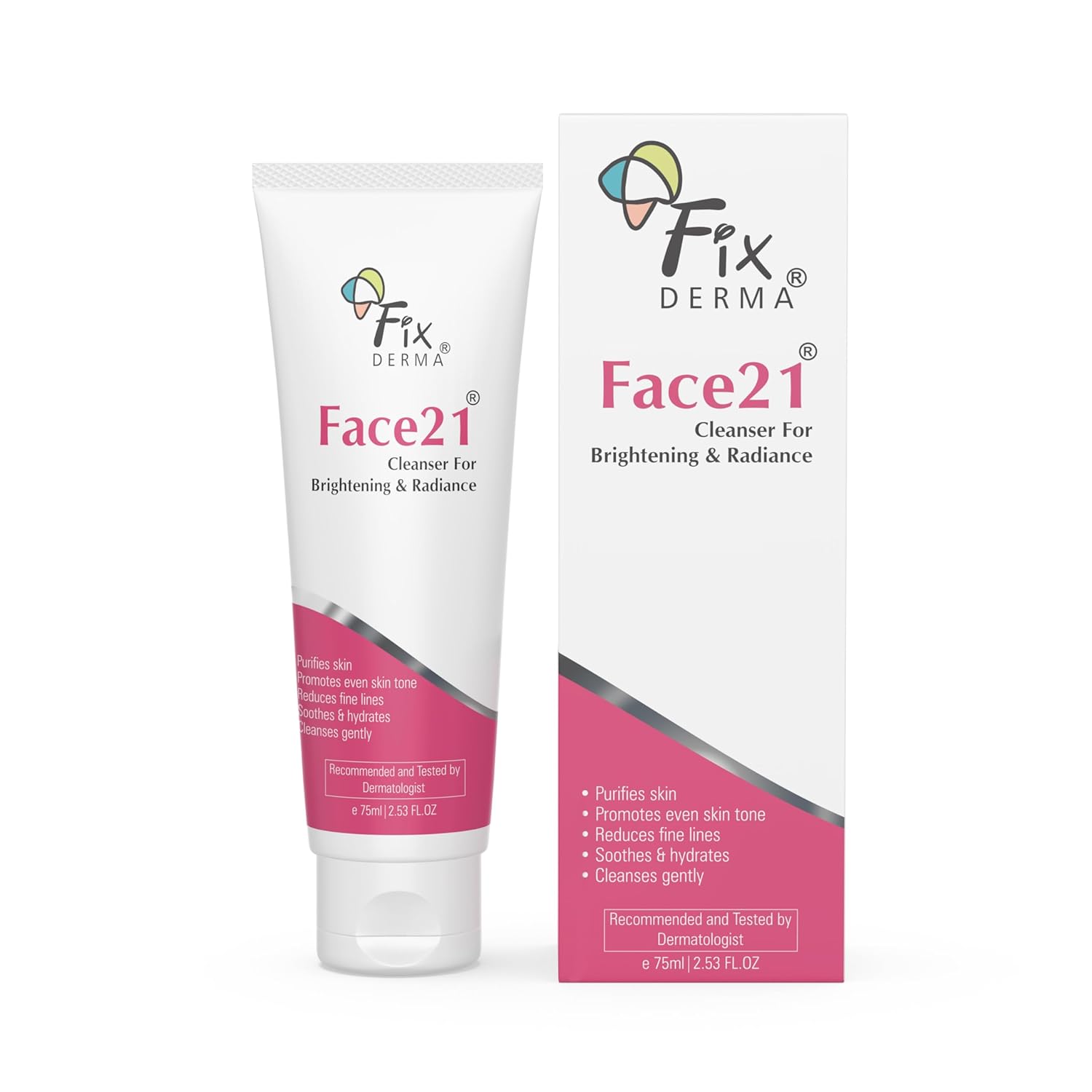 Fixderma Face21 Cleanser, Skin Brightening Cleanser, Exfoliates Dead Cells, Remove Pigmentation, Reduces Wrinkles & Fine Lines, Evens Skin Tone, Purifies Skin, 75ml