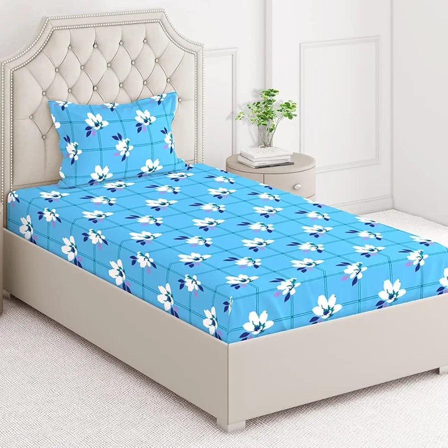 Layers Cotton Bedsheet for Single Bed with 1 Pillow Cover Light Weight Breathable Moisture Absorbent Blue Floral Pattern