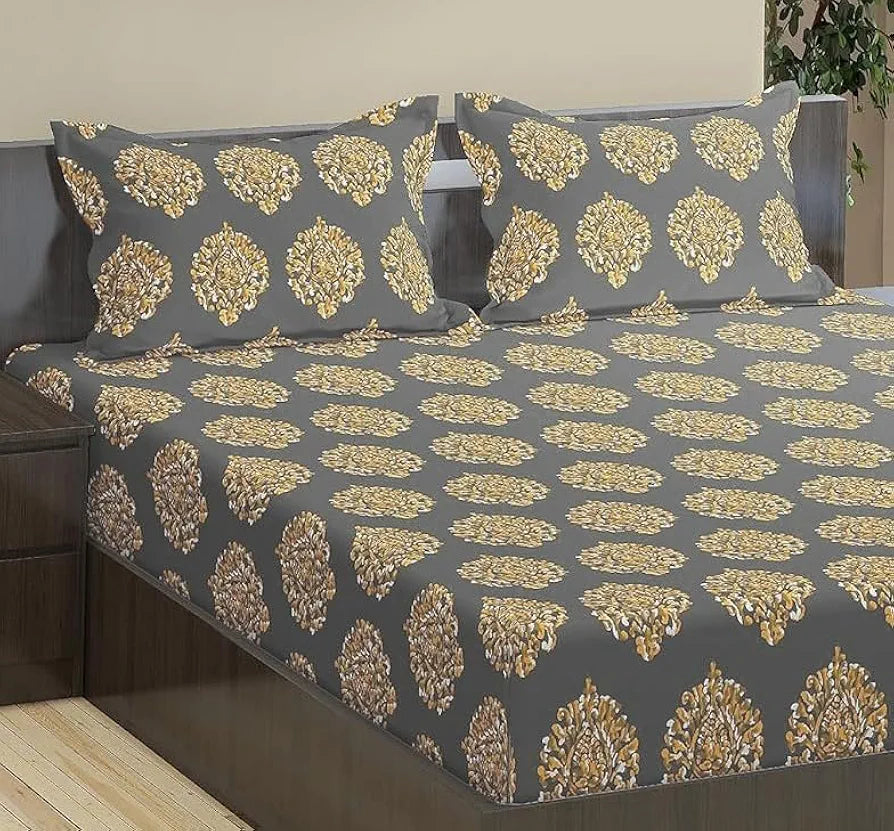 Trance Home Linen 200TC 100% Cotton 78"x60" Standard Queen Size Elastic Fitted Bedsheet Printed Elasticated with 2 Pillow Covers Colour Damask Warm Grey Mustard