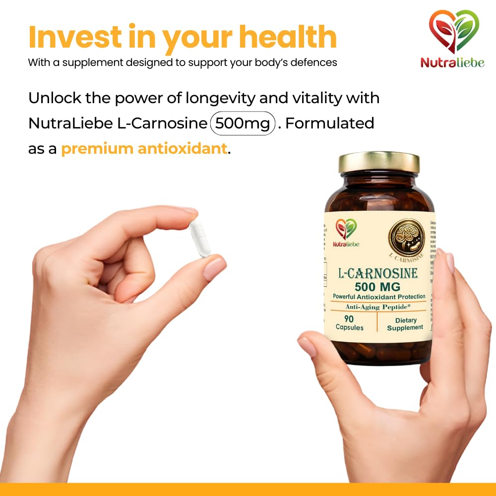 Nutraliebe L-Carnosine 500mg - Premium Antioxidant and Anti-Aging Support, 90 Capsules