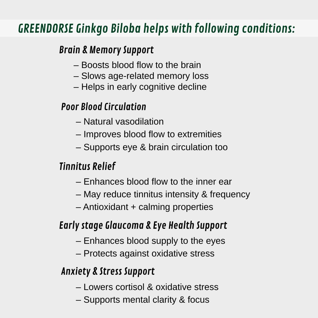 GREENDORSE Organic Ginkgo Biloba Pure Extract 120 mg | Standardized to 24% Flavone Glycosides & 6% Terpene Lactones | Cognitive Support, Circulation Booster & Antioxidant - 60 Veg Capsules