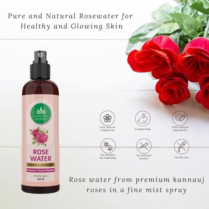 Green Worth Pure & Natural Rose Water/Skin Toner Mist Spray - 200 ml